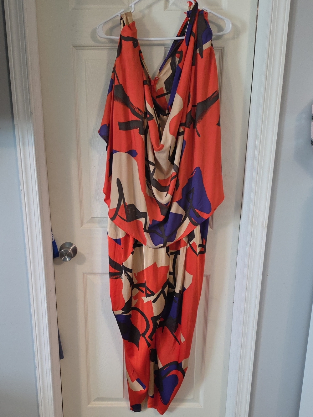 Abstract Print Draped Jumpsuit in Red, Beige & Purple